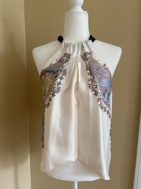 Cynthia Rowley Ivory Halter Silk Camisole with Multicolor Floral Panels